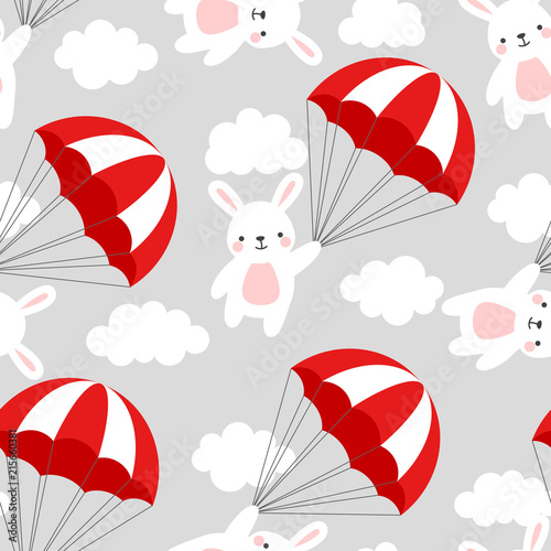 Fototapeta Naklejka Na Ścianę i Meble -  Seamless Rabbit Pattern Background, Happy cute bunny flying in the sky between colorful balloons and clouds, Cartoon Hare Bears Vector illustration for Kids