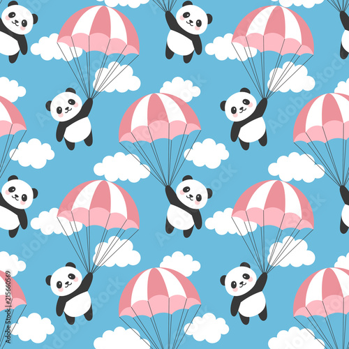 Seamless Panda Pattern Background  Happy cute panda flying in the sky between colorful balloons and clouds  Cartoon Panda Bears Vector illustration for Kids