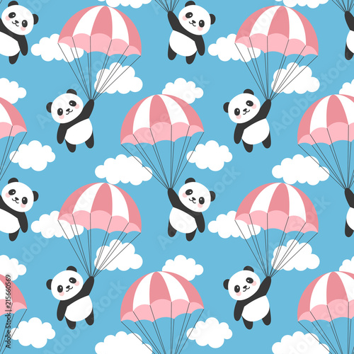 Fototapeta Naklejka Na Ścianę i Meble -  Seamless Panda Pattern Background, Happy cute panda flying in the sky between colorful balloons and clouds, Cartoon Panda Bears Vector illustration for Kids