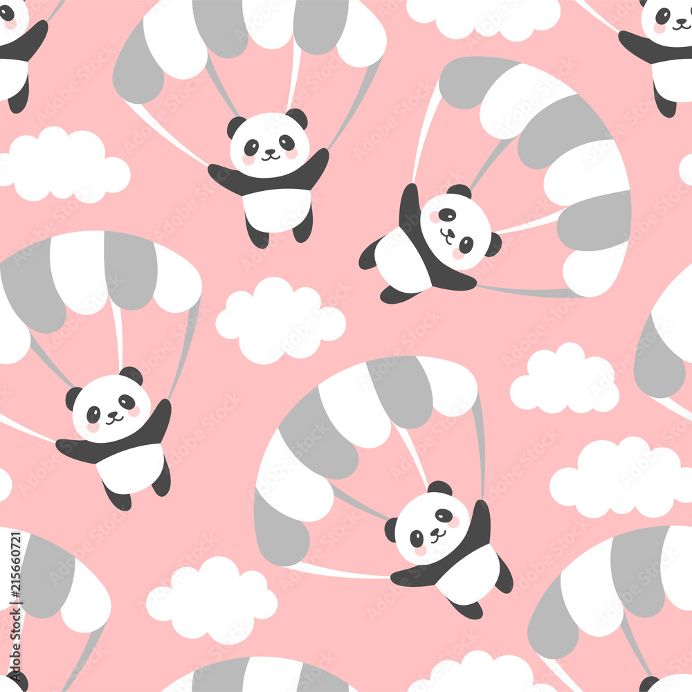 Fototapeta premium Seamless Panda Pattern Background, Happy cute panda flying in the sky between colorful balloons and clouds, Cartoon Panda Bears Vector illustration for Kids