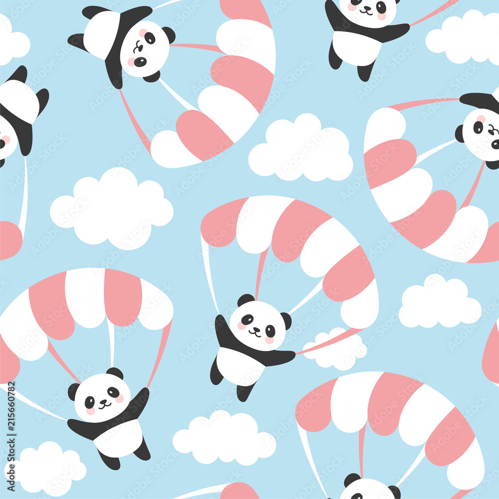 Obraz premium Seamless Panda Pattern Background, Happy cute panda flying in the sky between colorful balloons and clouds, Cartoon Panda Bears Vector illustration for Kids