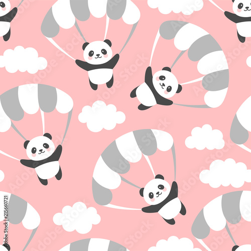 Fototapeta Naklejka Na Ścianę i Meble -  Seamless Panda Pattern Background, Happy cute panda flying in the sky between colorful balloons and clouds, Cartoon Panda Bears Vector illustration for Kids