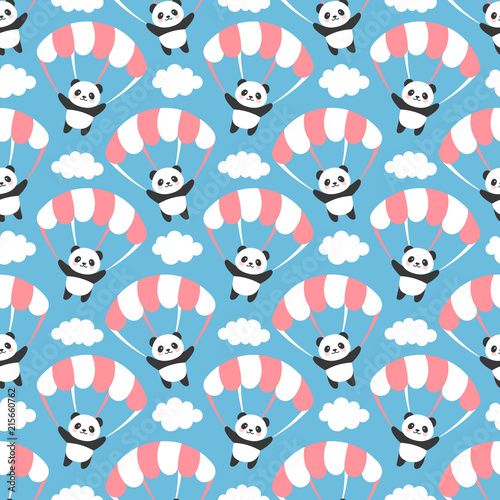 Fototapeta Naklejka Na Ścianę i Meble -  Seamless Panda Pattern Background, Happy cute panda flying in the sky between colorful balloons and clouds, Cartoon Panda Bears Vector illustration for Kids