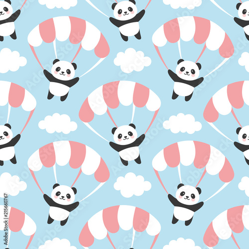 Fototapeta Naklejka Na Ścianę i Meble -  Seamless Panda Pattern Background, Happy cute panda flying in the sky between colorful balloons and clouds, Cartoon Panda Bears Vector illustration for Kids