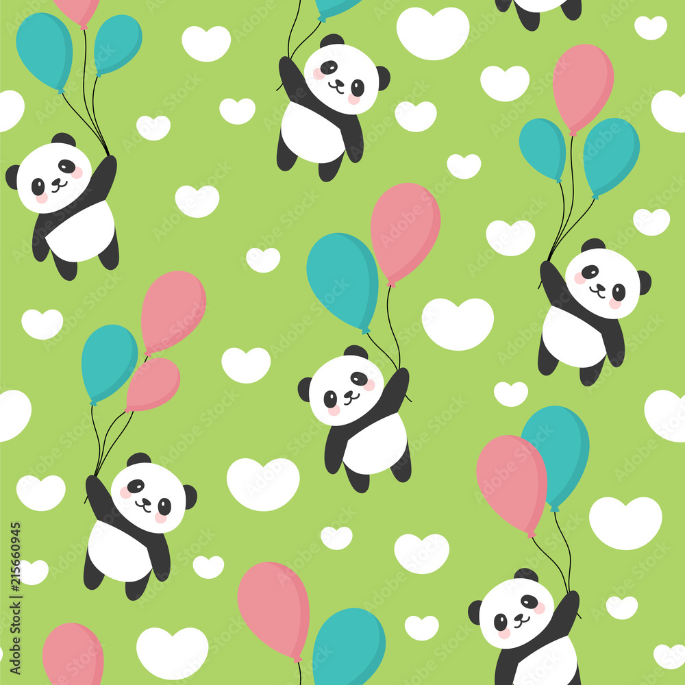 Fototapeta premium Bezszwowe tło wzór pandy, szczęśliwa śliczna panda latająca na niebie między kolorowymi balonami i chmurami, kreskówka niedźwiedzie panda wektor ilustracja dla dzieci
