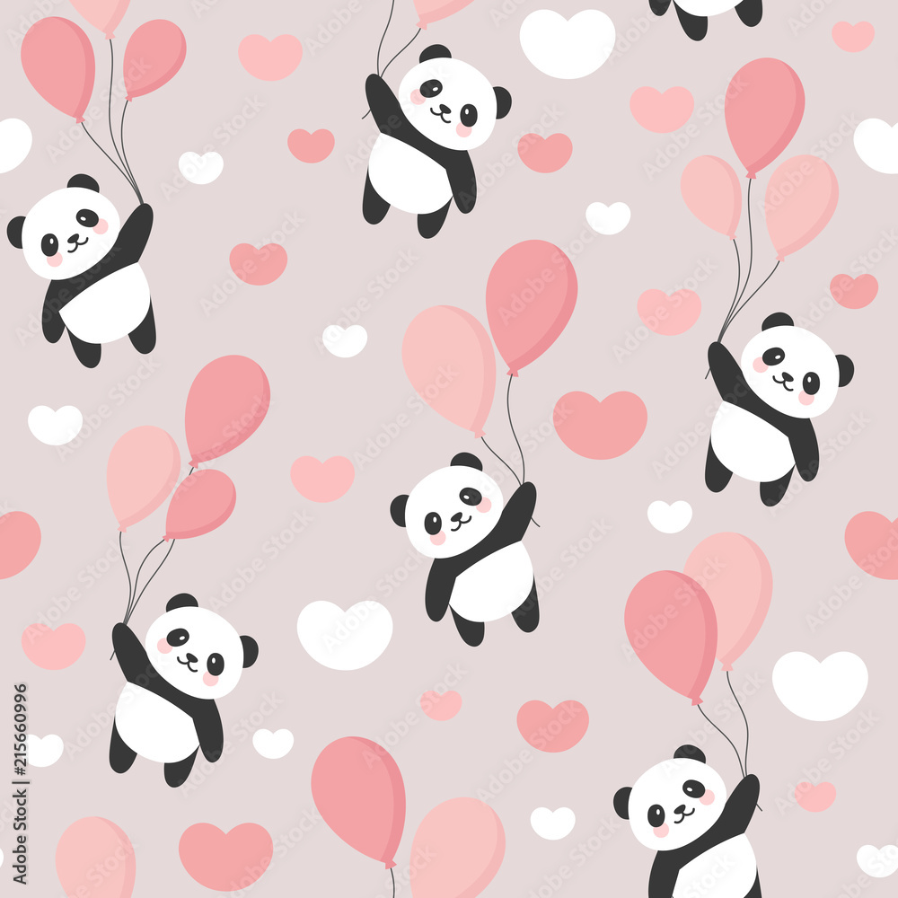 Seamless Panda Pattern Background, Happy cute panda flying in the sky between colorful balloons and clouds, Cartoon Panda Bears Vector illustration for Kids Seamless Panda Pattern Background, Happy cute panda flying in the sky between colorful balloons and clouds, Cartoon Panda Bears Vector illustration for Kids