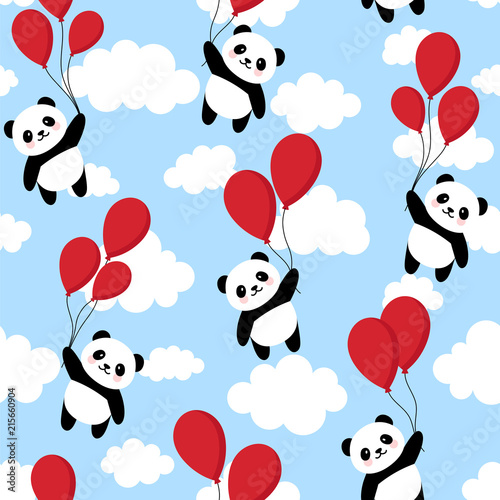 Fototapeta Naklejka Na Ścianę i Meble -  Seamless Panda Pattern Background, Happy cute panda flying in the sky between colorful balloons and clouds, Cartoon Panda Bears Vector illustration for Kids