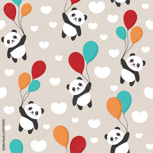 Fototapeta Naklejka Na Ścianę i Meble -  Seamless Panda Pattern Background, Happy cute panda flying in the sky between colorful balloons and clouds, Cartoon Panda Bears Vector illustration for Kids