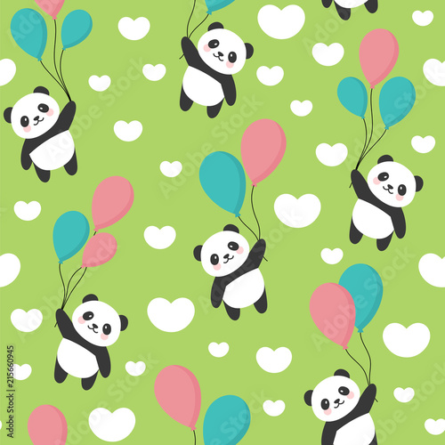 Fototapeta Naklejka Na Ścianę i Meble -  Seamless Panda Pattern Background, Happy cute panda flying in the sky between colorful balloons and clouds, Cartoon Panda Bears Vector illustration for Kids