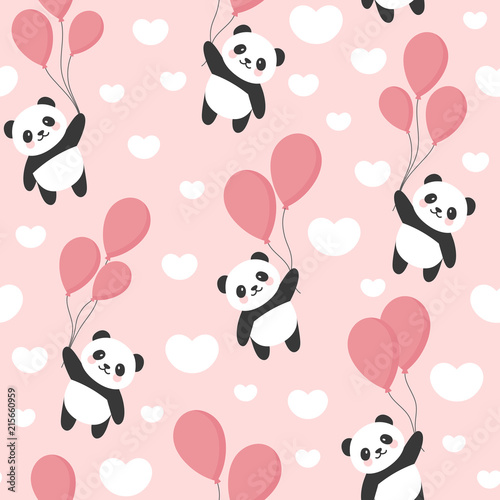 Fototapeta Naklejka Na Ścianę i Meble -  Seamless Panda Pattern Background, Happy cute panda flying in the sky between colorful balloons and clouds, Cartoon Panda Bears Vector illustration for Kids