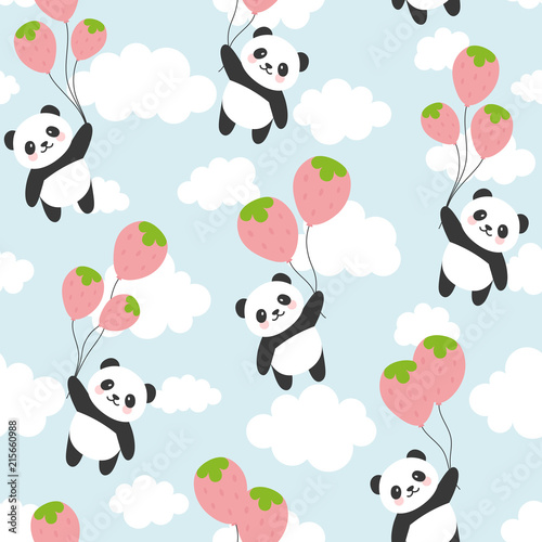Fototapeta Naklejka Na Ścianę i Meble -  Seamless Panda Pattern Background, Happy cute panda flying in the sky between colorful balloons and clouds, Cartoon Panda Bears Vector illustration for Kids