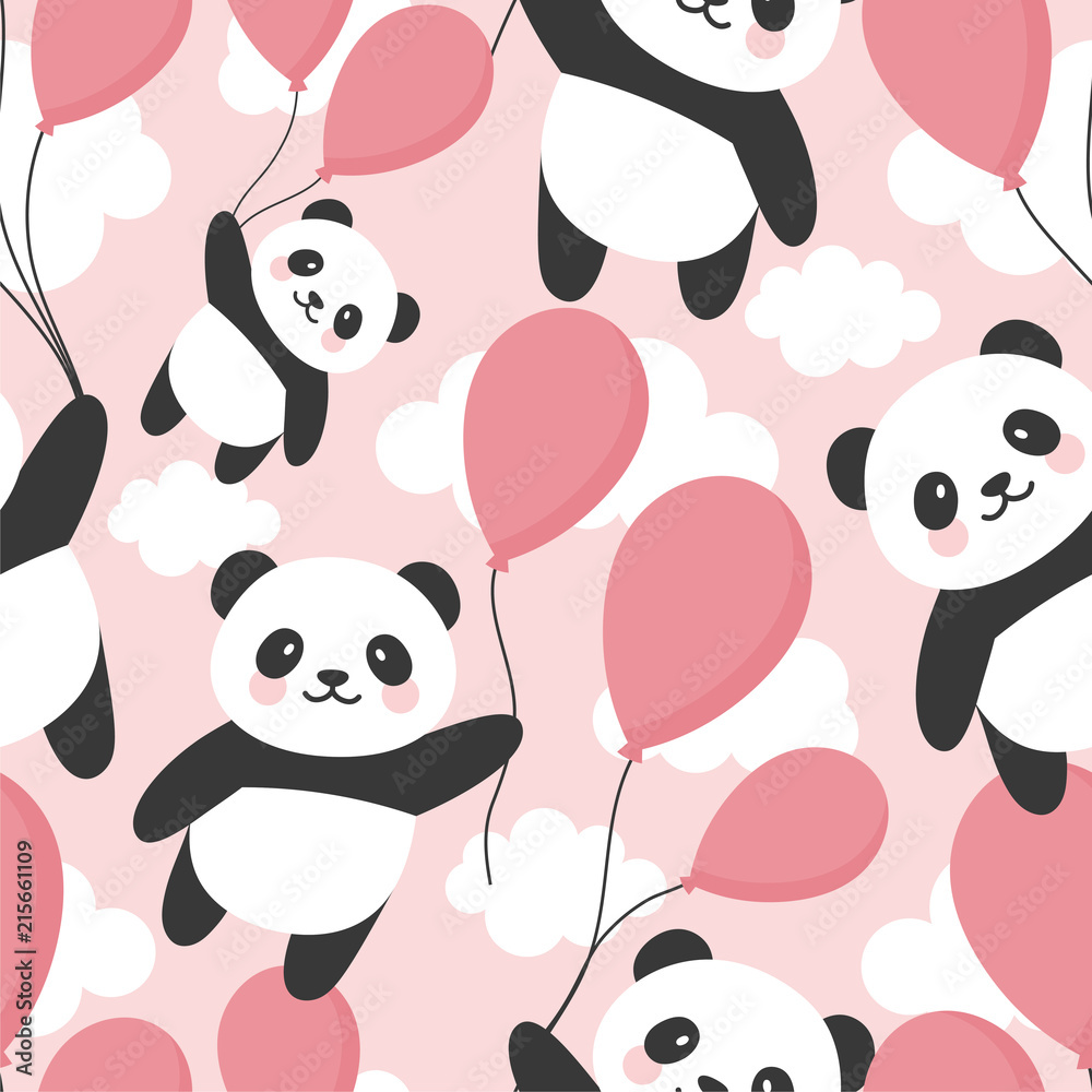 Obraz premium Seamless Panda Pattern Background, Happy cute panda flying in the sky between colorful balloons and clouds, Cartoon Panda Bears Vector illustration for Kids