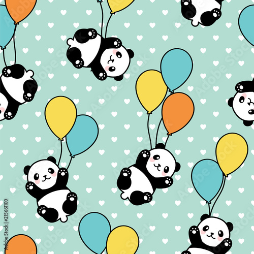 Fototapeta Naklejka Na Ścianę i Meble -  Seamless Panda Pattern Background, Happy cute panda flying in the sky between colorful balloons and clouds, Cartoon Panda Bears Vector illustration for Kids