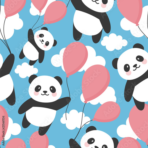 Fototapeta Naklejka Na Ścianę i Meble -  Seamless Panda Pattern Background, Happy cute panda flying in the sky between colorful balloons and clouds, Cartoon Panda Bears Vector illustration for Kids