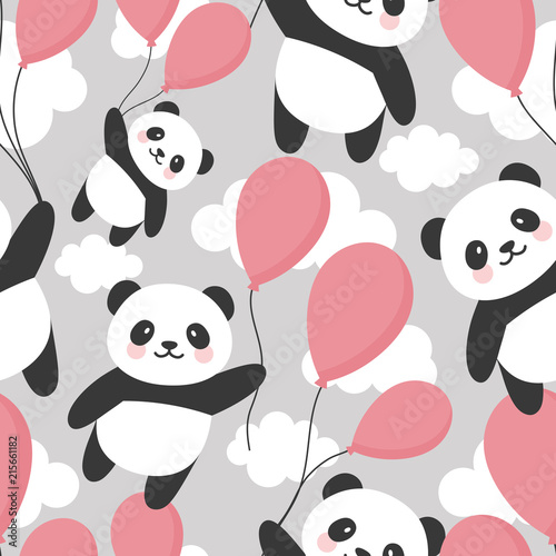 Fototapeta Naklejka Na Ścianę i Meble -  Seamless Panda Pattern Background, Happy cute panda flying in the sky between colorful balloons and clouds, Cartoon Panda Bears Vector illustration for Kids