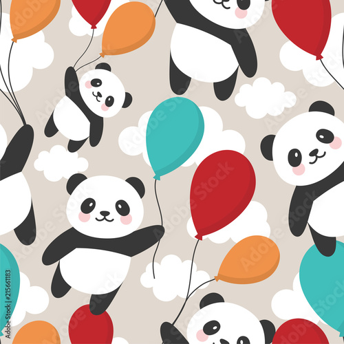 Fototapeta Naklejka Na Ścianę i Meble -  Seamless Panda Pattern Background, Happy cute panda flying in the sky between colorful balloons and clouds, Cartoon Panda Bears Vector illustration for Kids