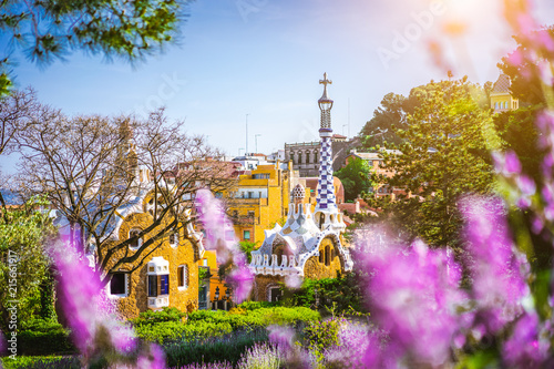 Photography Fairytale house in Park Guell in bright purple lavendel flowers frame