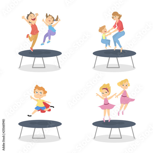 Boys and girls jumping on trampoline