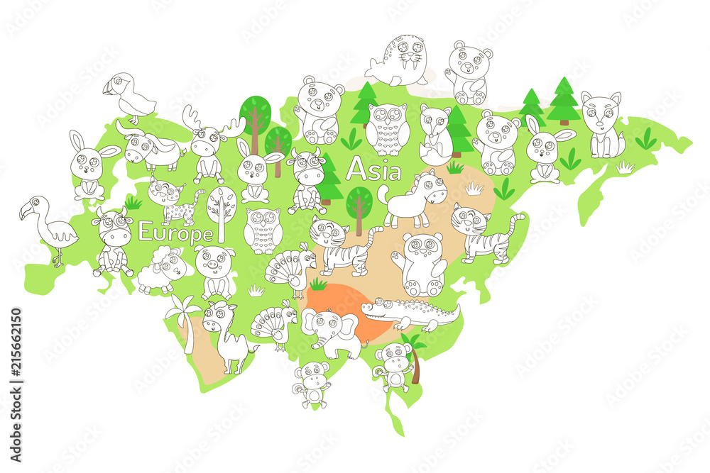 Coloring page with animal map of Eurasia for kids.
