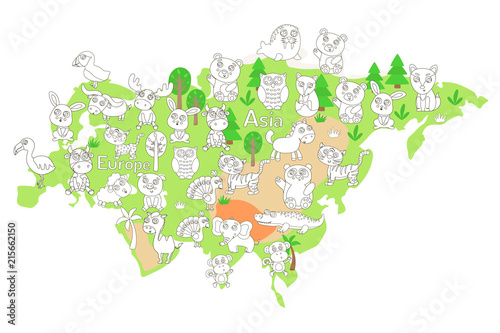 Coloring page with animal map of Eurasia for kids.