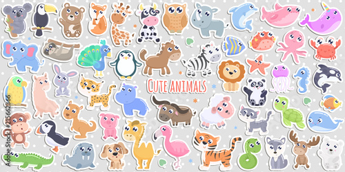 Big set of cute cartoon animal stickers vector illustration. Flat design. © Svetlana