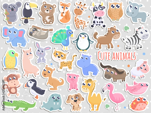 Big set of cute cartoon animal stickers vector illustration. Flat design.
