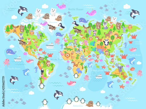 Fototapeta Naklejka Na Ścianę i Meble -  Vector illustration of world map with animals for kids. Flat design.