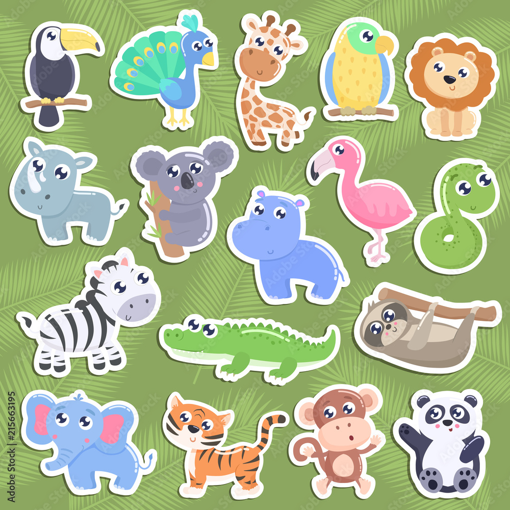 Cute jungle animal stickers. Flat design.