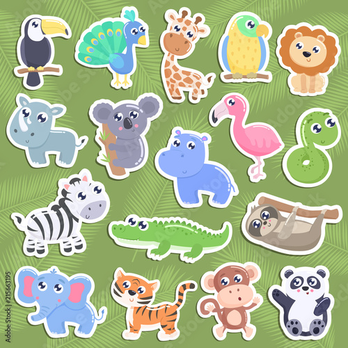 Cute jungle animal stickers. Flat design.