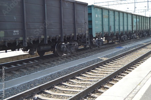 The concept of logistics of transportation of goods by rail, freight train on the rails photo