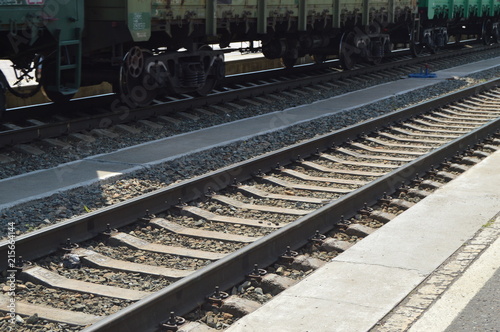 The concept of logistics of transportation of goods by rail, freight train on the rails photo