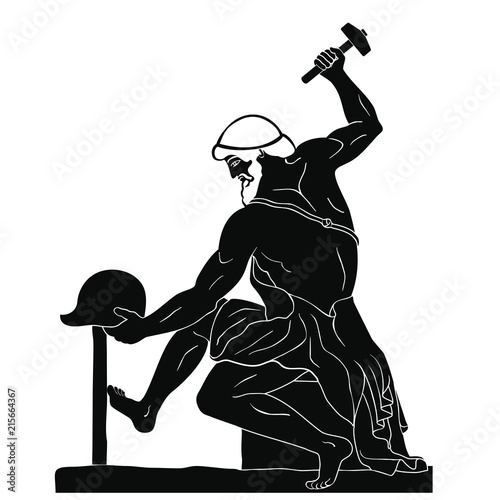 Ancient Greek artisan smith with a hammer and helmet in his hands. Isolated black drawing on a white background.