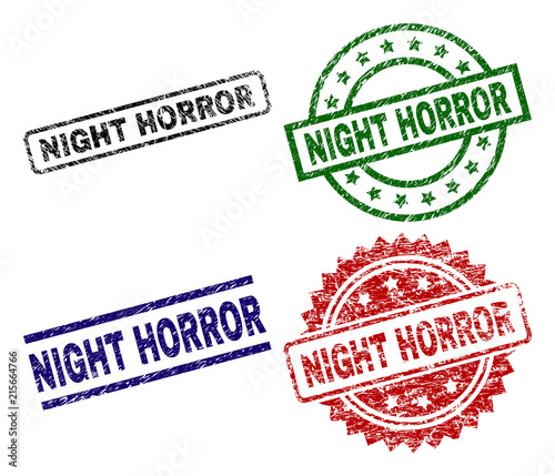 NIGHT HORROR seal imprints with damaged surface. Black, green,red,blue vector rubber prints of NIGHT HORROR label with dirty surface. Rubber seals with circle, rectangle, rosette shapes.