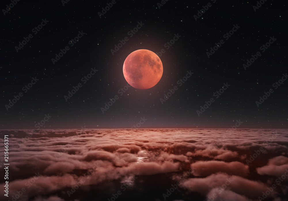 Obraz premium Najdłuższe całkowite zaćmienie Księżyca, krwawy księżyc 2018.