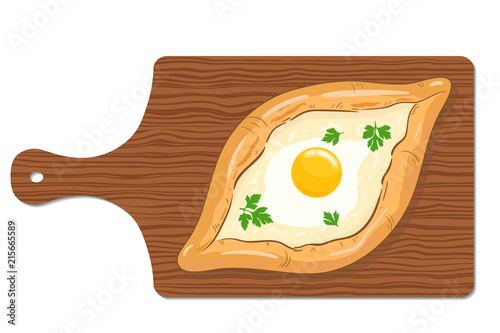 Traditional ajarian and georgian dish - khachapuri on wooden cutting board. Freshly baked flat bread filled with cheese and egg, leaves of parsley, isolated on white background. Vector illustration.