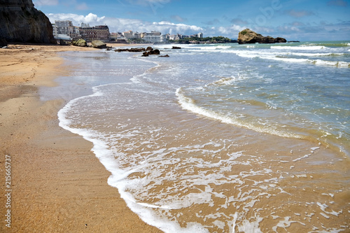 Biarritz city and its famous sand beaches - Miramar and La Grande Plage with ocean waves , Bay of Biscay, Atlantic coast, Basque country, France. Summer sunny day