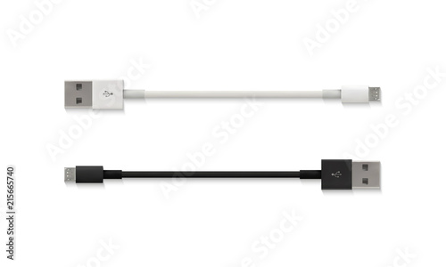 USB micro cable vector illustration of realistic 3D isolated white and black connector for mobile phone or smartphone charging or PC devices connection