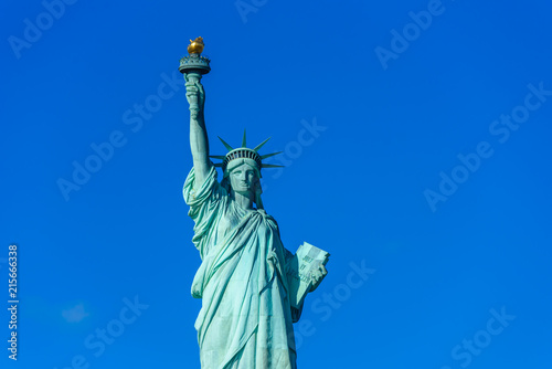 The statue of Liberty at a sunny day with blue sky  New York City  USA