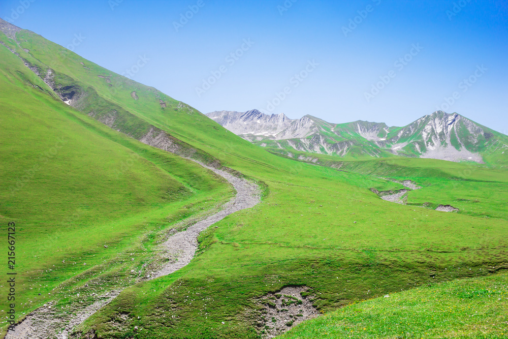 Mountain landscape in green wall in Caucasus mountains