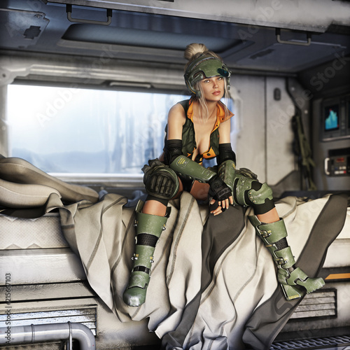 Feisty armored female relaxing in her quarters before the next mission. Futuristic 3d rendering 