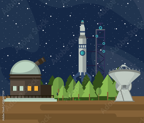 Spaceship rocket with base on planet vector illustration graphic design