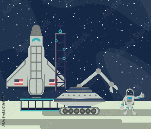 Spaceship and vehicle with astronaut on moon vector illustration graphic design