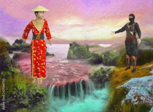 Painted Style Illustration of colorful Asian Waterfall Scene