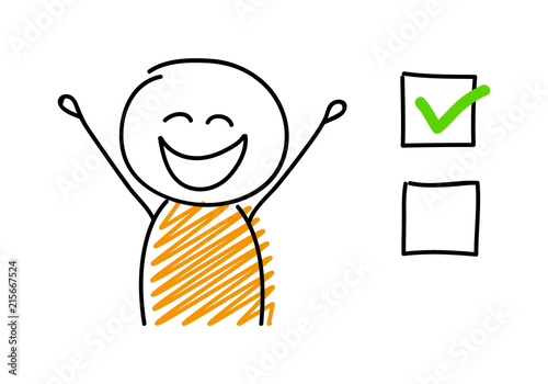 Funny stickman with facial expession and tick icons. Vector.
