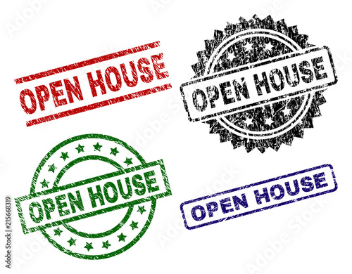 OPEN HOUSE seal prints with distress style. Black, green,red,blue vector rubber prints of OPEN HOUSE text with corroded style. Rubber seals with round, rectangle, medal shapes.