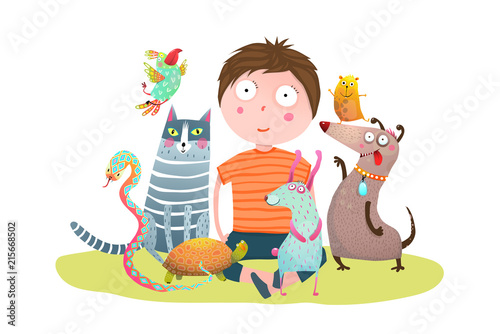 Fun colorful cartoon with little boy and domestic animals. Vector illustration.