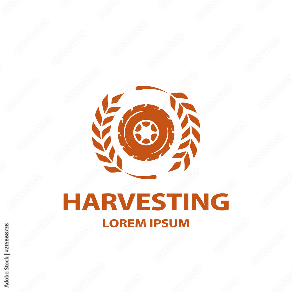 Obraz premium Flat truck wheel and spikelets icon. Harvesting logo template for the business card, branding and corporate identity.