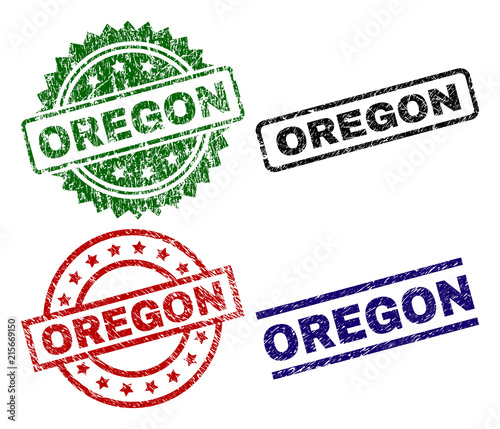 OREGON seal prints with distress texture. Black, green,red,blue vector rubber prints of OREGON caption with grunge texture. Rubber seals with circle, rectangle, medallion shapes.