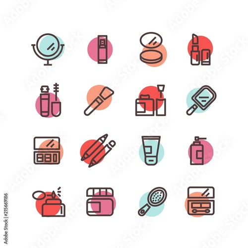 Beauty and makeup icon set. Vector illustration colorful cosmetic line icons with makeup mirror, lipstick, eyeshadows, brush, cream, mascara, perfume, powder, nail polish, foundation, lip pencils