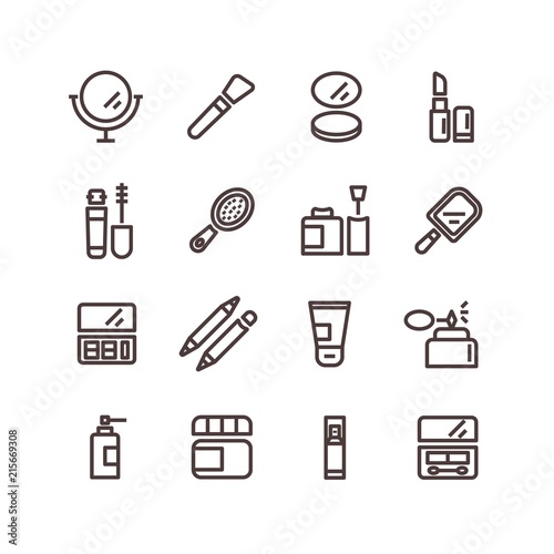 Vector illustration of beauty cosmetic. Set of outline makeup icons for badges, brands, infographics and salons